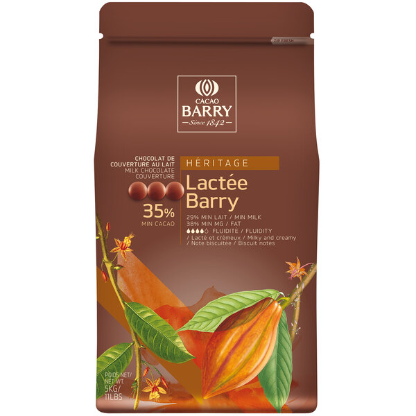 A brown bag of Cacao Barry milk chocolate pistoles with a design on it.