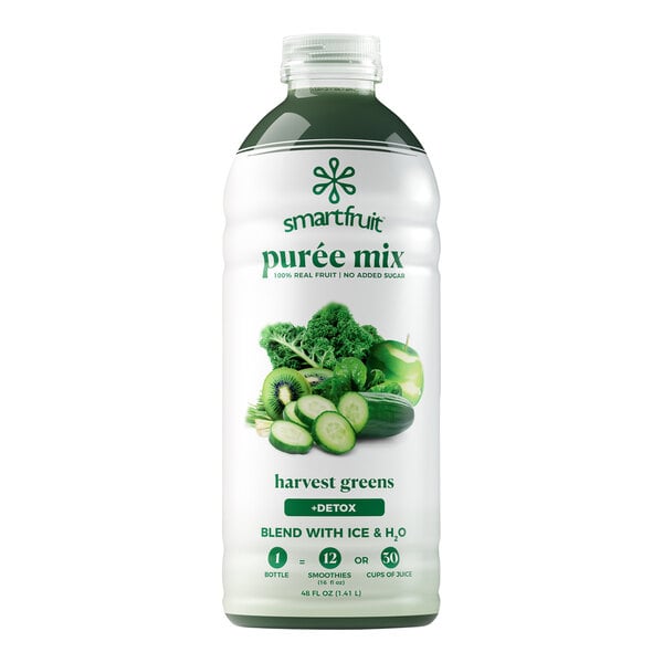 A white bottle of Smartfruit Harvest Greens beverage mix with a green label.