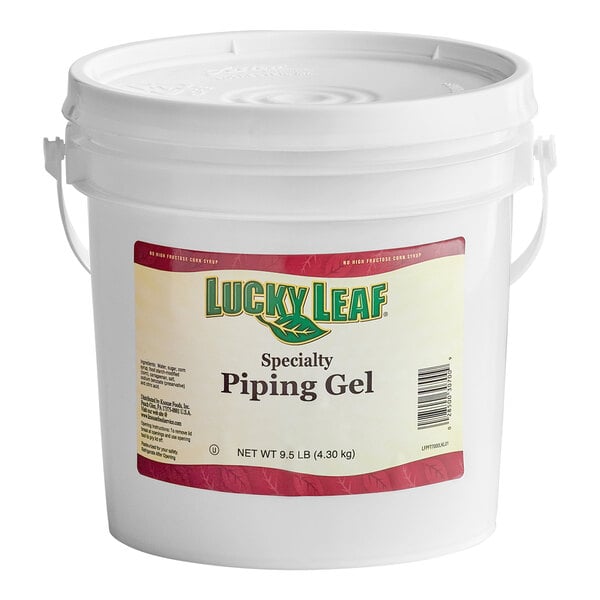 A white plastic pail with a handle and a label that reads 'Lucky Leaf Specialty Piping Gel' and indicates a net weight of 9.5 lb (4.30 kg).