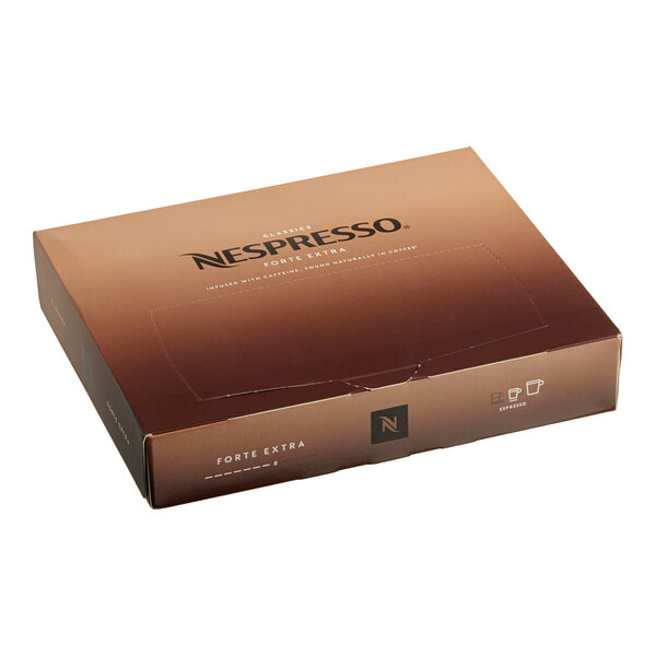 A brown Nespresso Professional box of 50 Forte extra single serve coffee capsules with black text.
