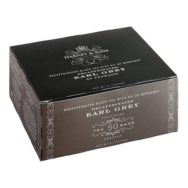 A box of Harney & Sons Decaf Earl Grey Tea Bags with text on it.