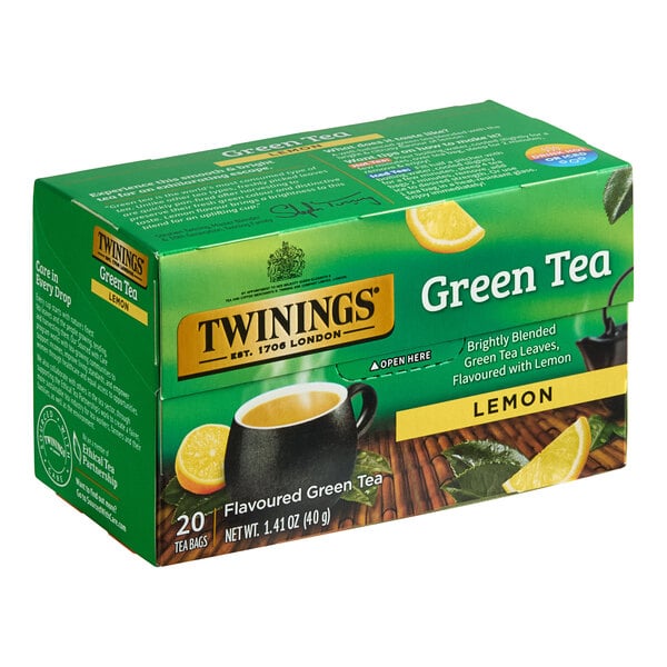 A green box of Twinings Green Tea with Lemon Tea Bags.