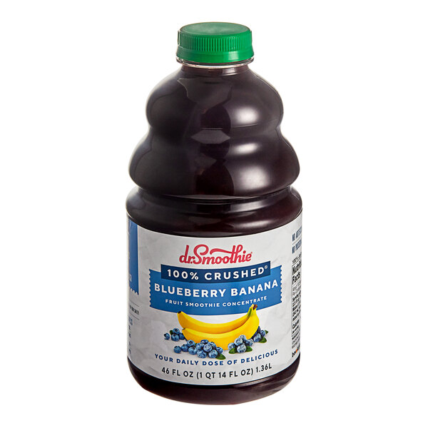 A bottle of Dr. Smoothie Blueberry Banana Fruit Smoothie Mix with a blue label.
