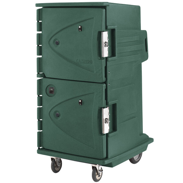 A green food cart with two compartments.