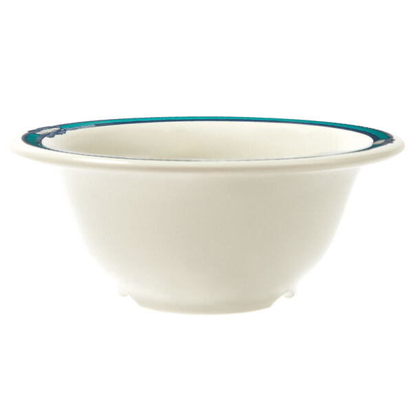 A white GET Freeport melamine bowl with a blue rim.