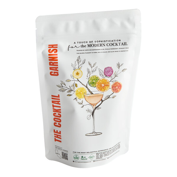 A resealable pouch of The Cocktail Garnish dried red dragon fruit slices.