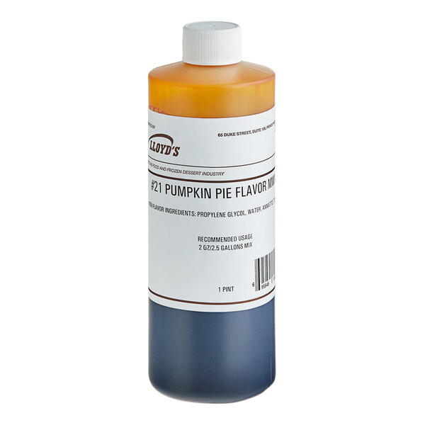 A white bottle of Lloyd's of Pennsylvania Pumpkin Pie hard serve ice cream flavoring with a white label.