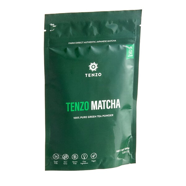 A green bag of Tenzo Premium Matcha Green Tea Powder with white text.