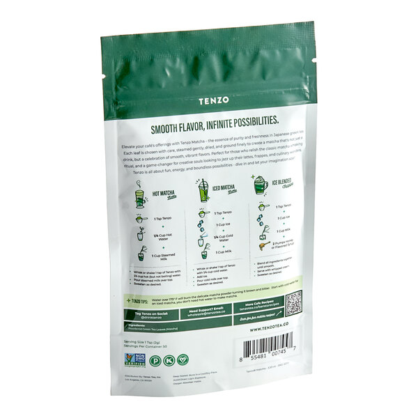A white and green bag of Tenzo Premium Matcha Green Tea Powder with instructions.