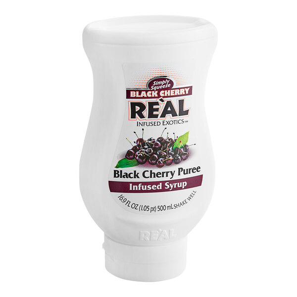 A 16.9 fl. oz. squeeze bottle of Real Black Cherry Puree Infused Syrup.