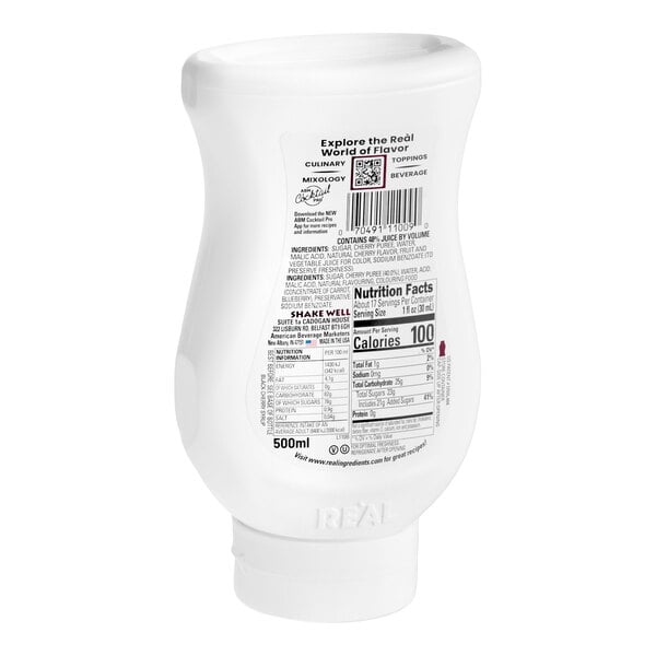 A 500ml squeeze bottle of Real Black Cherry Puree Infused Syrup.