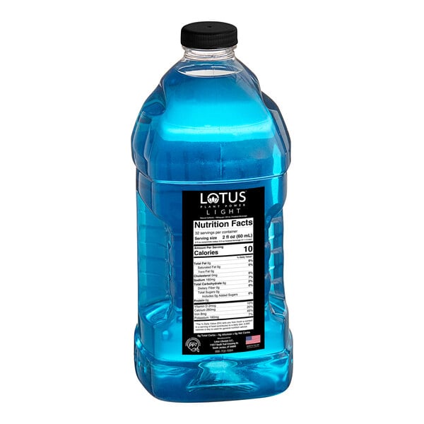 A large clear plastic bottle filled with bright blue liquid and a black screw cap, featuring a nutrition facts label on the front.