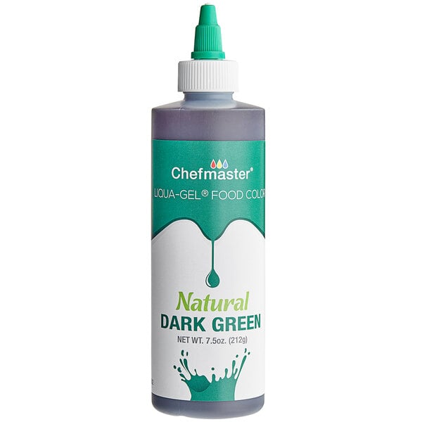 A bottle of Chefmaster Natural Dark Green gel food coloring.