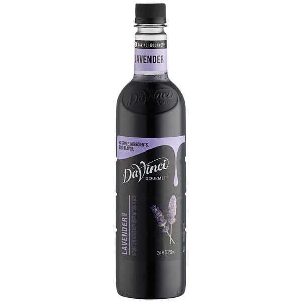 A black bottle of DaVinci Gourmet Classic Lavender Flavoring Syrup with a label.