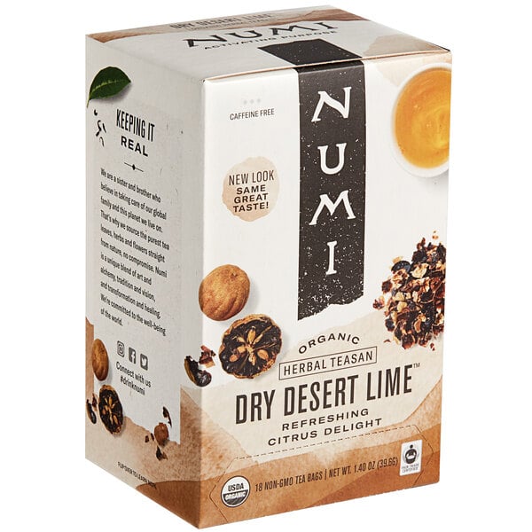 A white box of Numi Organic Dry Desert Lime Tea Bags.