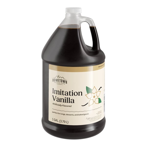 A jug of Hometown Provisions Imitation Vanilla extract with a white label.