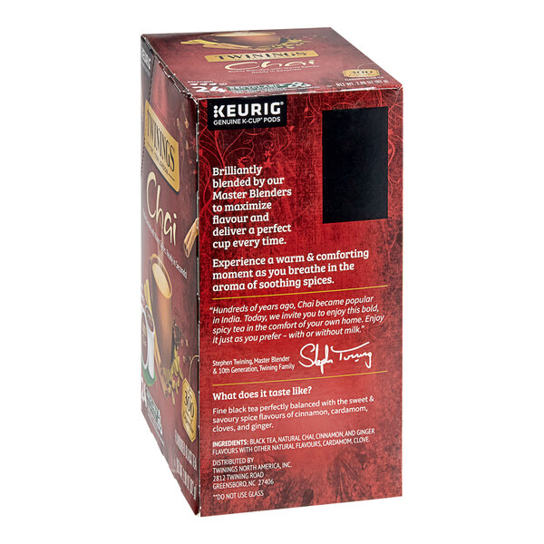 A red box of Twinings Chai Tea Single Serve Keurig® K-Cup® Pods with white text.