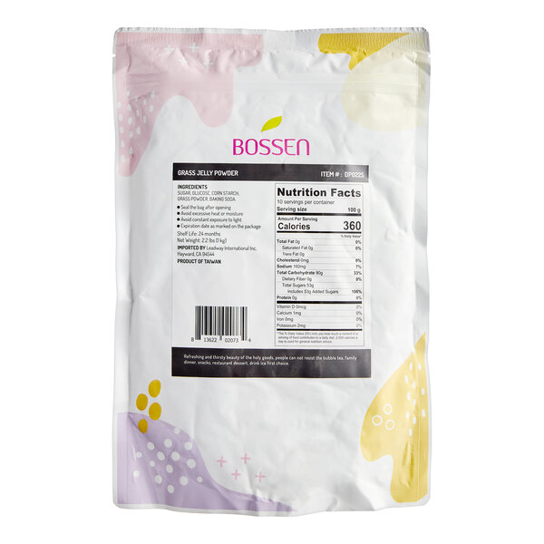 A white package of Bossen Grass Jelly Powder mix with a label.