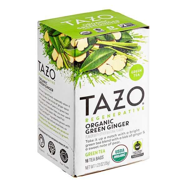 A white box of Tazo Organic Green Ginger Tea Bags.