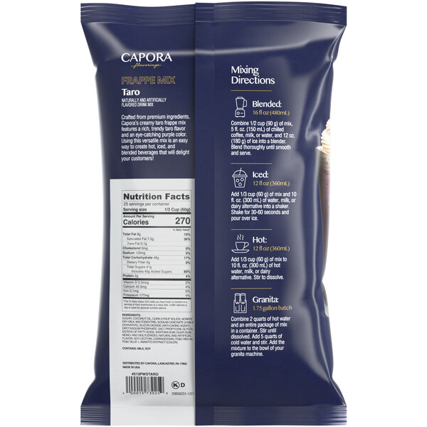 A blue bag of Capora Taro Frappe Mix with white and blue text on it.