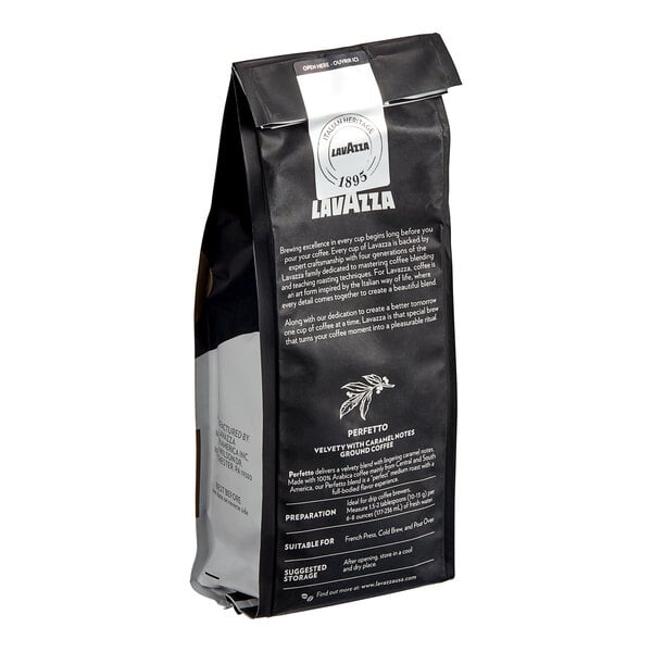 A black and white bag of Lavazza Perfetto ground coffee with white text.