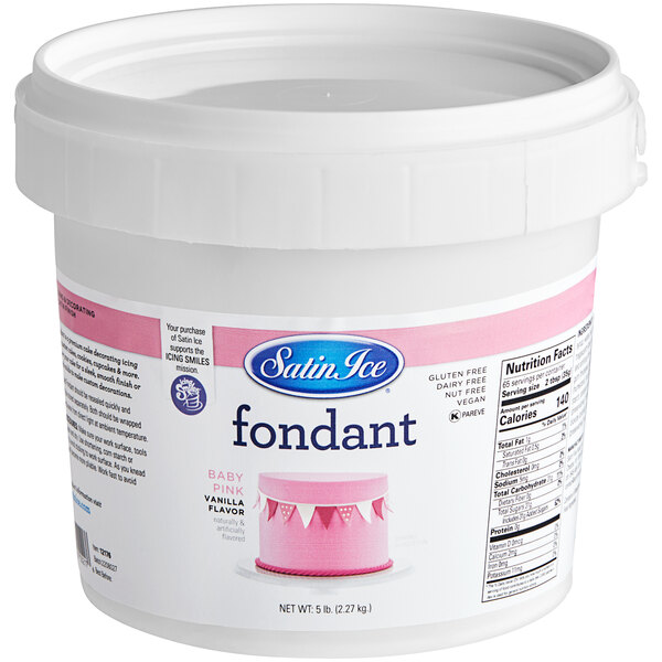 A white tub of Satin Ice baby pink vanilla rolled fondant.