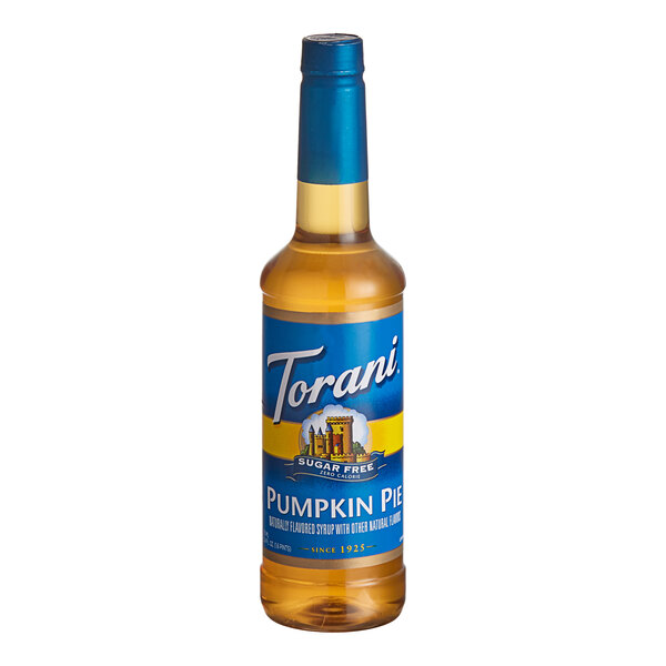 A Torani Sugar-Free Pumpkin Pie flavoring syrup bottle with a blue label.