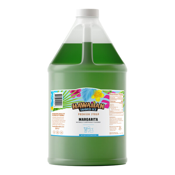 A one-gallon jug of Hawaiian Shaved Ice Margarita flavored snow cone syrup.