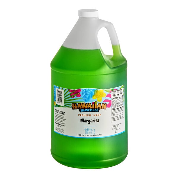 A one-gallon jug of Hawaiian Shaved Ice Margarita flavored snow cone syrup.