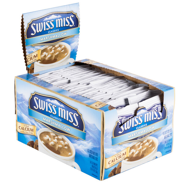 A box of 6 Swiss Miss hot cocoa mix packets with marshmallows.