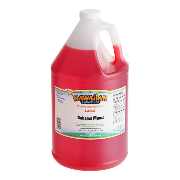 A one-gallon jug of Hawaiian Shaved Ice Bahama Mama snow cone syrup.