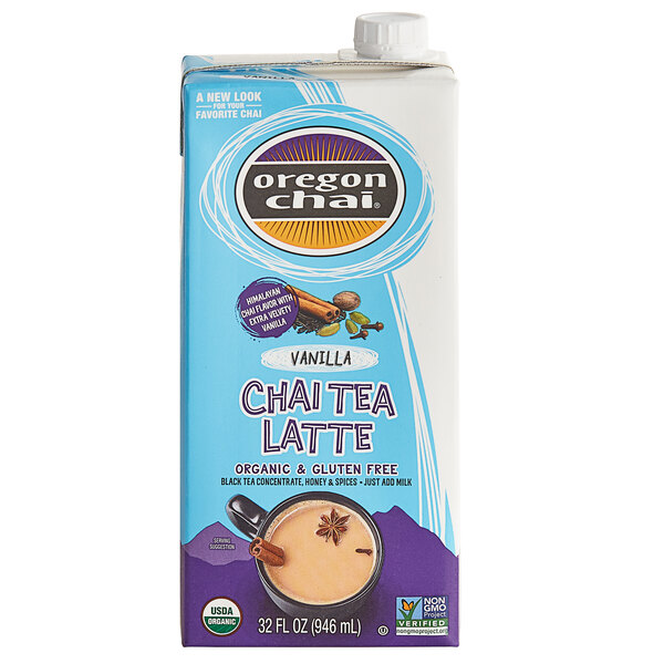 A package of 6 cartons of Oregon Chai Organic Vanilla Chai Tea Latte 1:1 Concentrate.