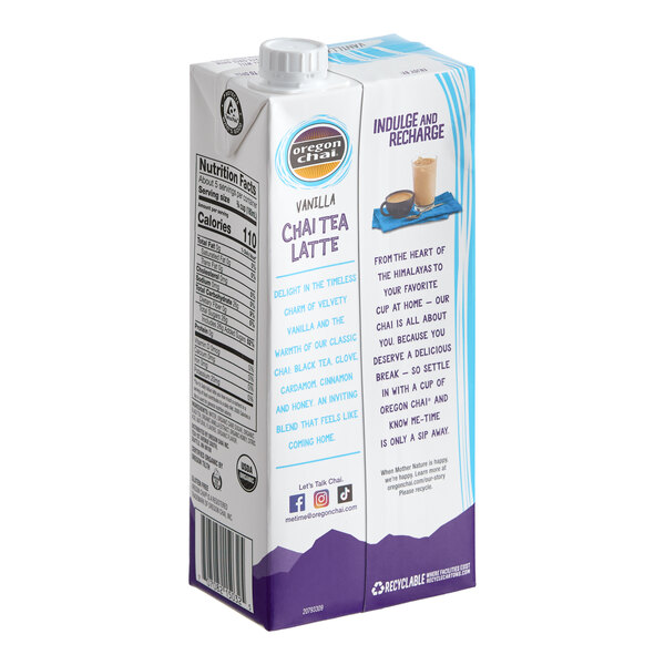 A 32 fl. oz. carton of Oregon Chai Organic Vanilla Chai Tea Latte 1:1 concentrate.