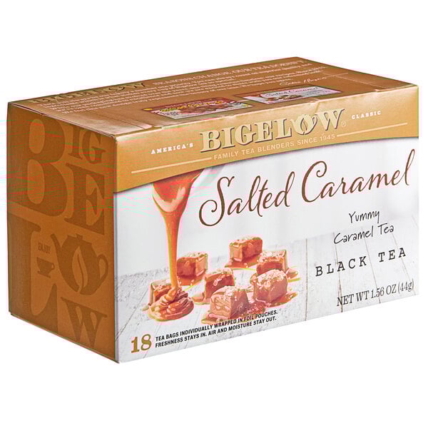 A box of Bigelow Salted Caramel Black Tea Bags on a grocery store shelf.