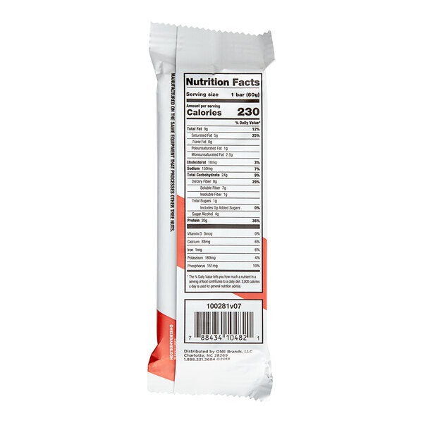 A ONE Peanut Butter Cup Protein Bar in white and red packaging with a nutrition label.
