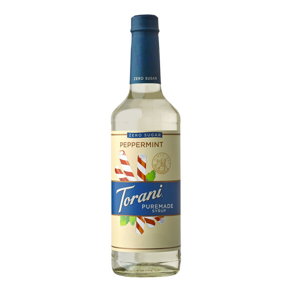 A bottle of Torani Puremade Zero Sugar Peppermint Flavoring Syrup with a label on a white background.