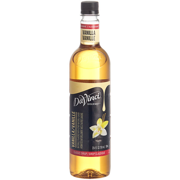 A close up of a bottle of DaVinci Gourmet Classic Vanilla Flavoring Syrup with a white label.