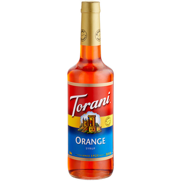 A Torani Orange Fruit Syrup 750 mL glass bottle with a label.