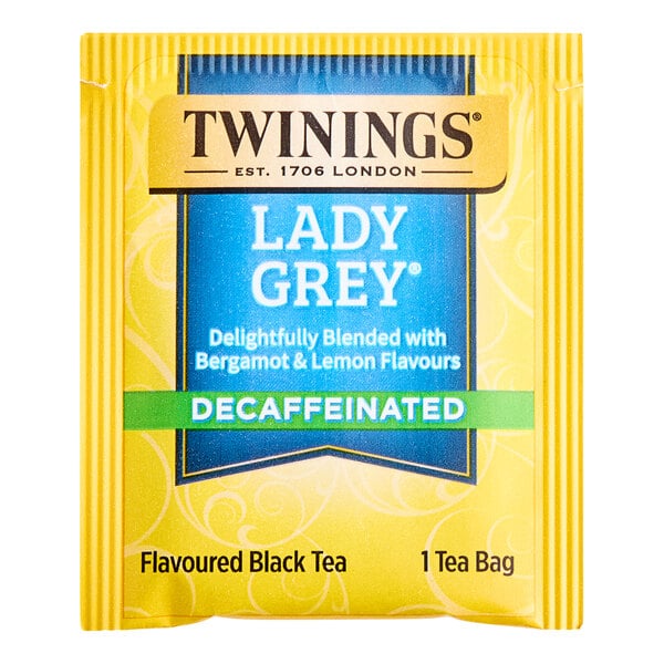 A yellow box of Twinings Lady Grey Decaffeinated Tea Bags with a label that reads "Twinings Lady Grey Decaffeinated Tea"