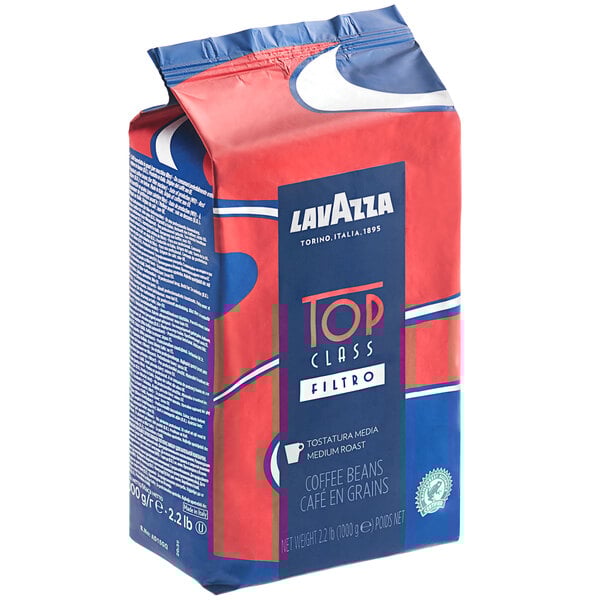 A red and blue bag of Lavazza Top Class Filtro whole bean coffee.