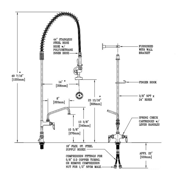 A diagram of a T&S deck mounted pre-rinse faucet with a hose and wall bracket.