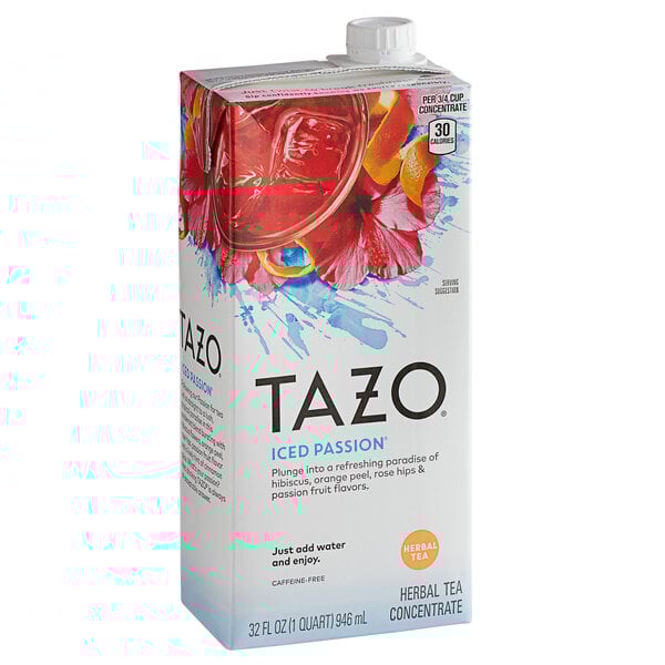A white box of Tazo Sweetened Passion Iced Tea Concentrate with red and white design.