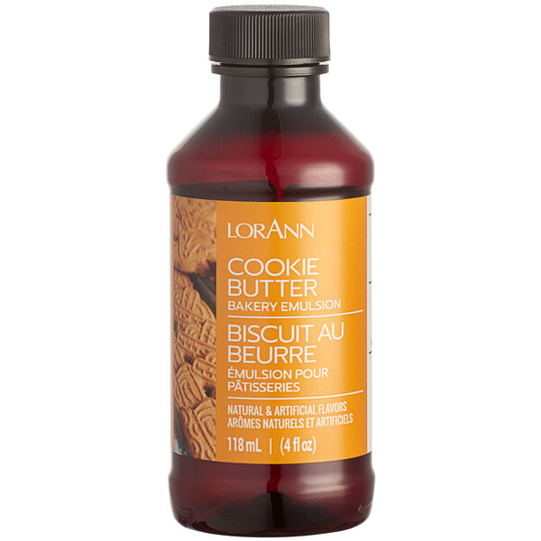 A bottle of LorAnn Cookie Butter Bakery Emulsion on a counter.