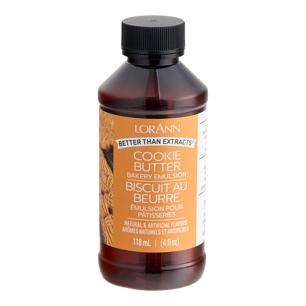 A brown LorAnn Oils bottle with a white label that reads "Cookie Butter Bakery Emulsion" on a counter.
