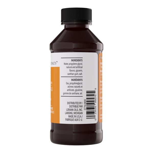 A brown plastic bottle of LorAnn Oils 4 fl. oz. Cookie Butter Bakery Emulsion with a black cap and ingredient label.