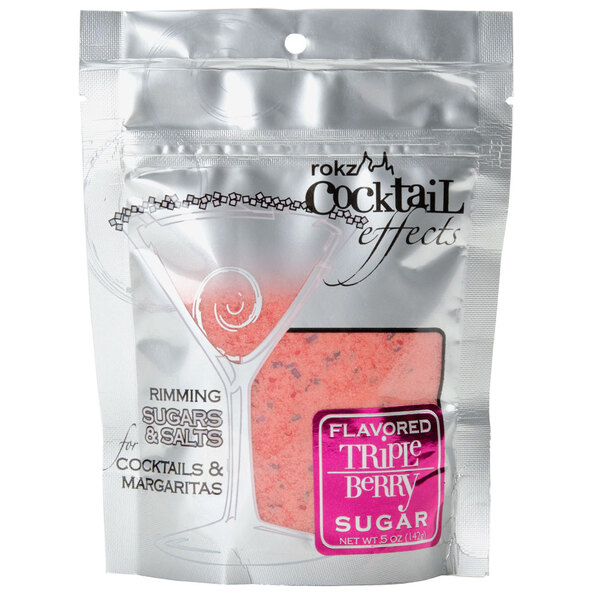 A package of Rokz Triple Berry cocktail rimming sugar with pink sugar inside.