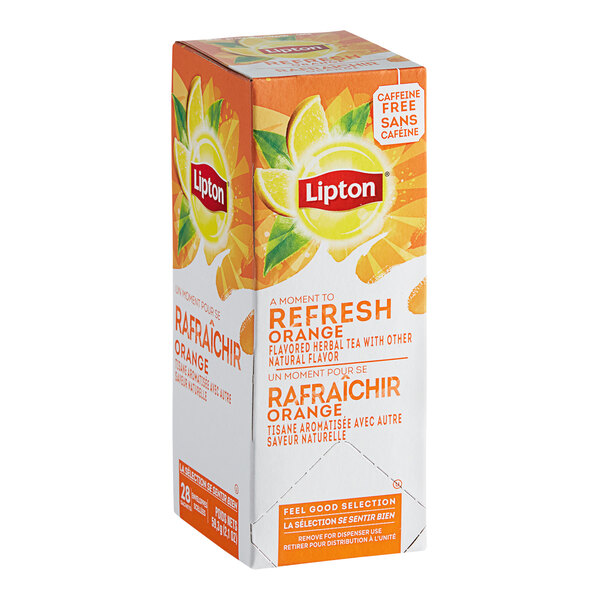 A white and orange box of Lipton Orange Herbal Tea Bags.