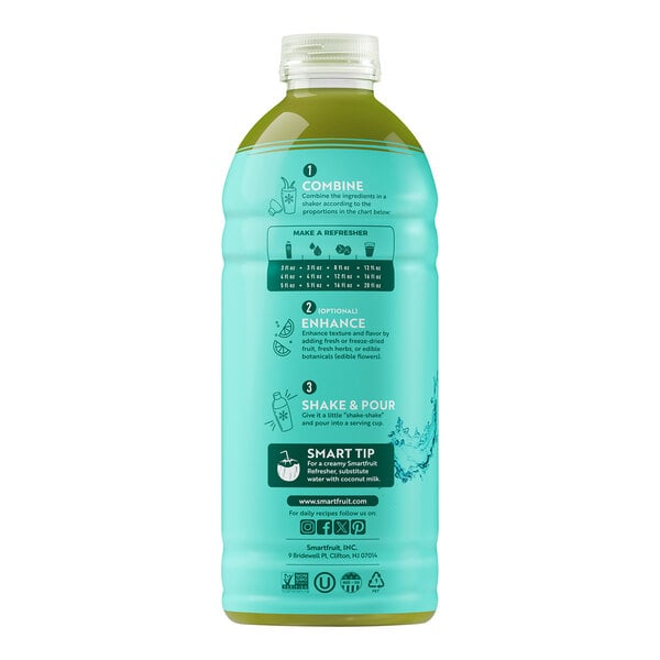 A blue bottle of Smartfruit Restore Kiwi / Mint / Lemongrass Refresher with white and black text containing green liquid.