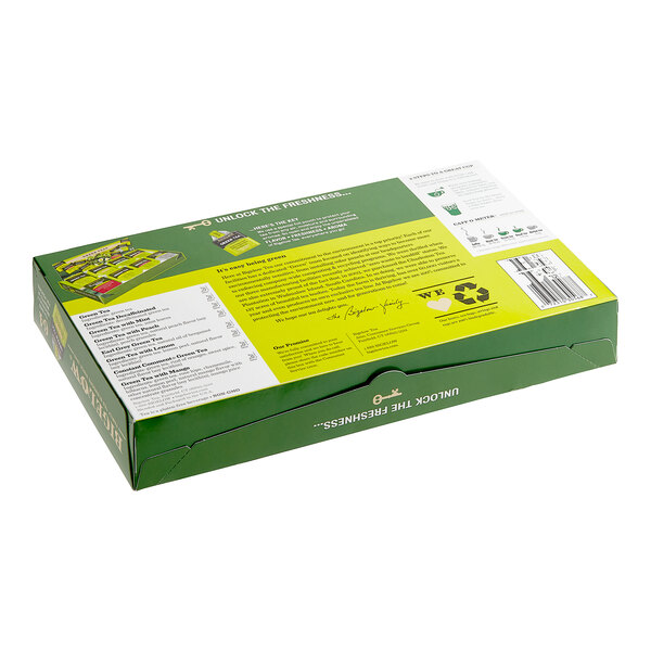 A green and white Bigelow tea box with a yellow label.