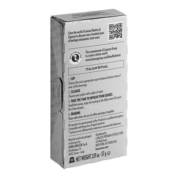 A close-up of a box of Lavazza Espresso Maestro Ristretto Nespresso Capsules on a white background.